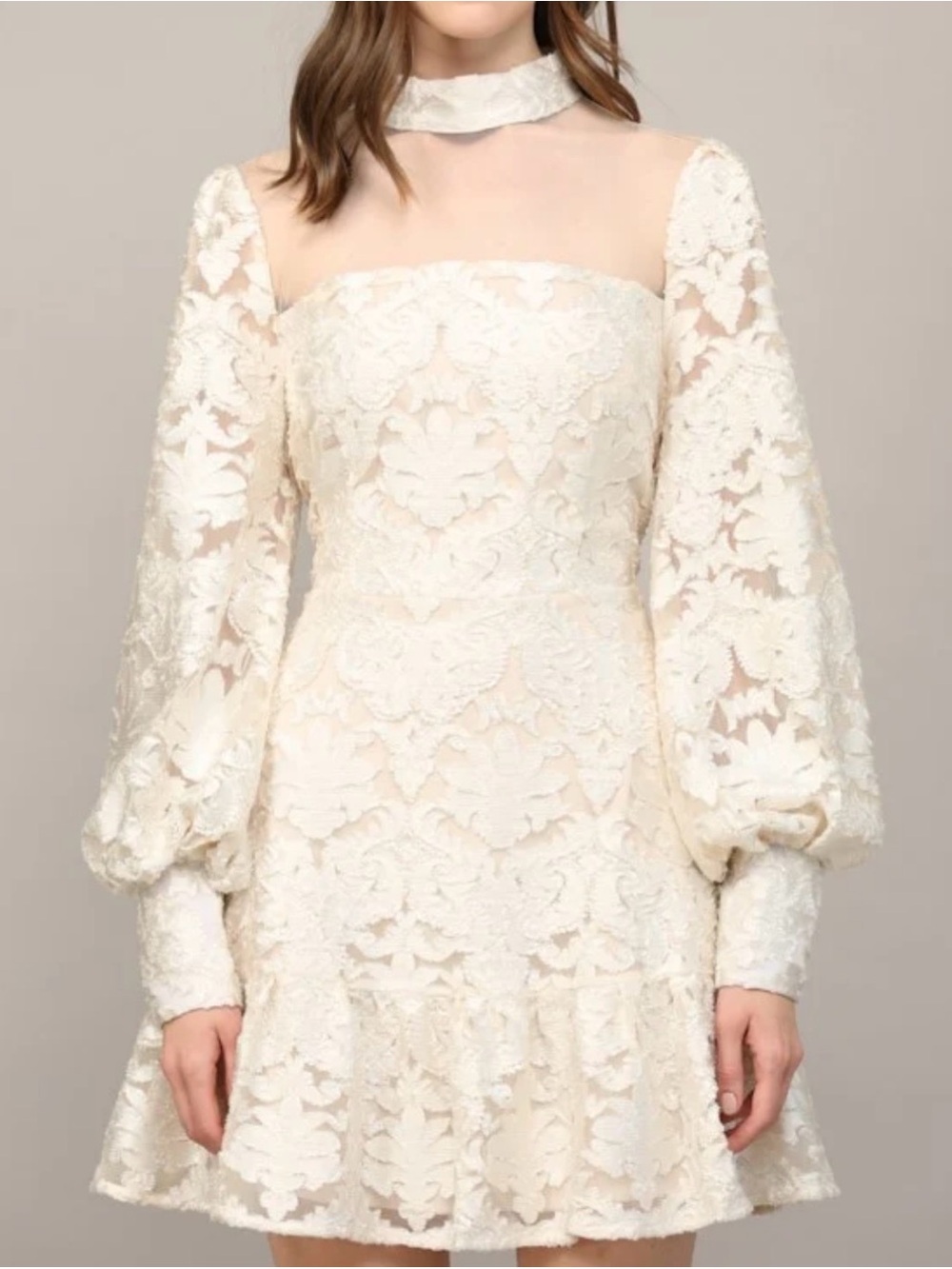 FATE Contrast Sheer Mesh Floral Lace Mini Dress Cream Sz M. NWT
